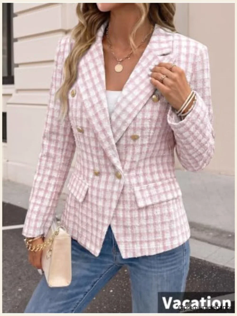 Tweed Plaid Double-Breasted Blazer Jacket Business Casual Office